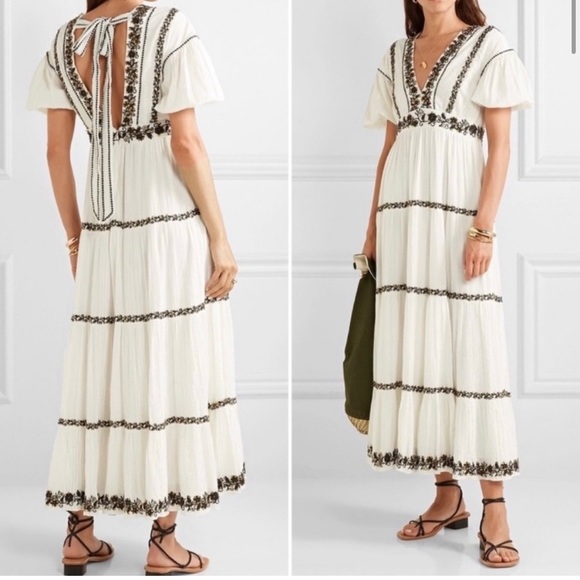 ULLA JOHNSON Embroidered Sequin Maxi Dress with Back Tie